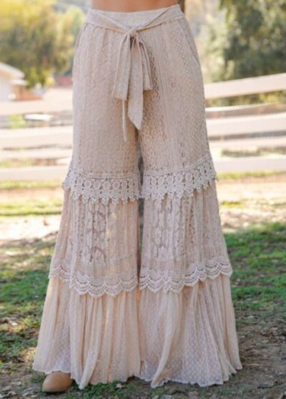 Young Threads Desert Dream Lace Wide Leg Pants Beige Tiered XL - Romantic Boho